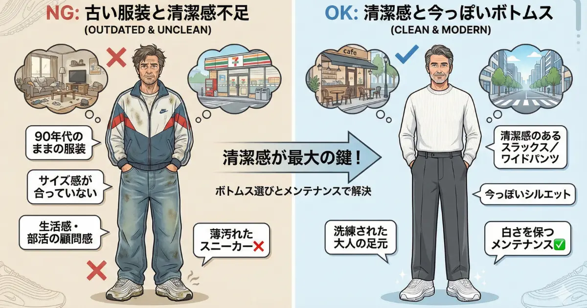 おじさんに見える原因と対策をイメージした画像