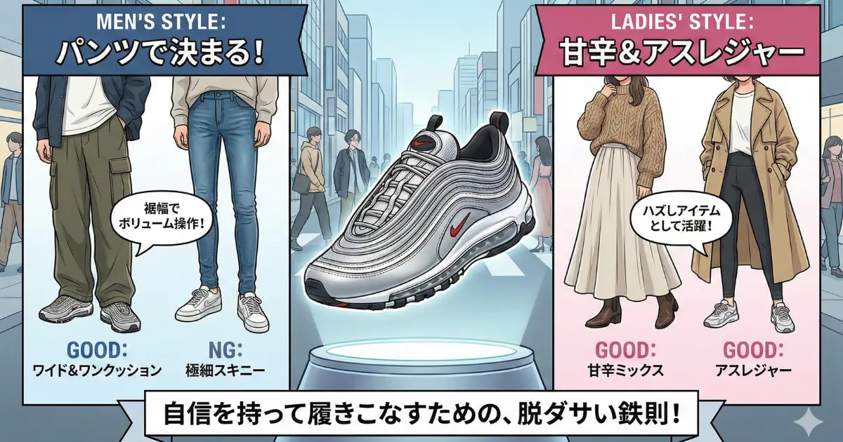 エアマックス97をダサいと思わせないコーデ術をイメージしたイラスト