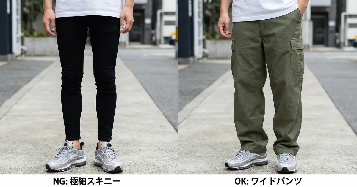 メンズコーデはパンツが重要としてNG：極細スキニーとOK：ワイドパンツを比較した写真
