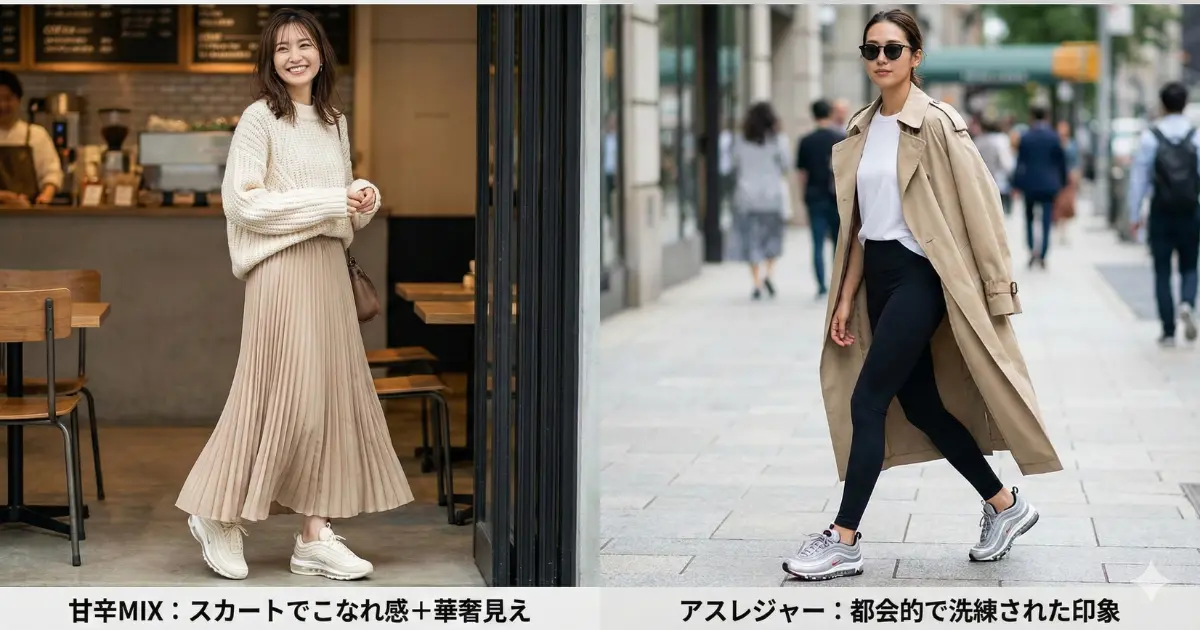 女子受けするレディース着こなしとして、甘辛MIXとアスレジャースタイルの女性の写真