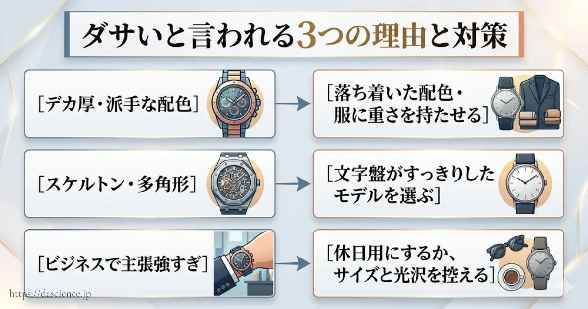 アンケートで分かったダサい理由と対策の図解です。