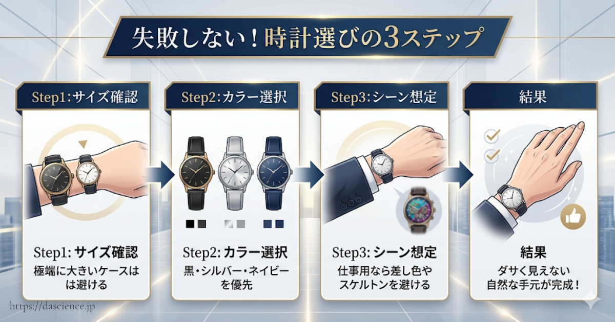 ダサいと言わせないための時計の選び方フローです。
