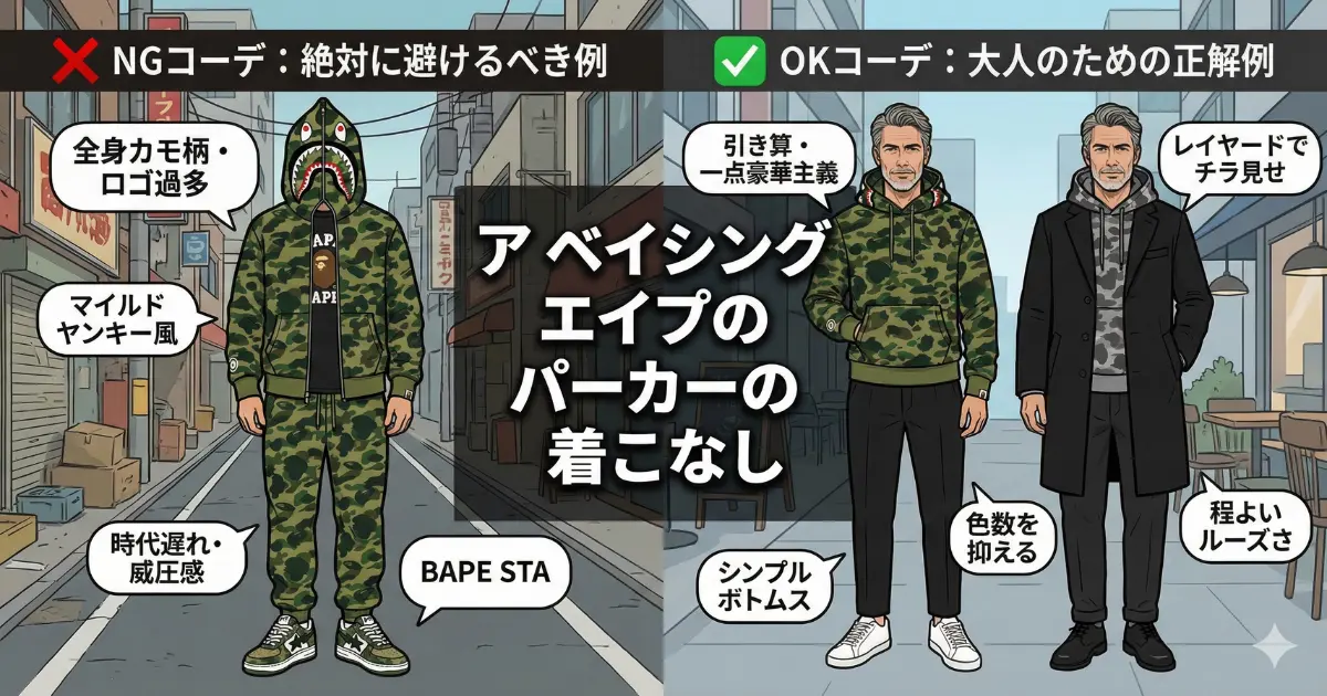 ア ベイシング エイプのパーカーの着こなし