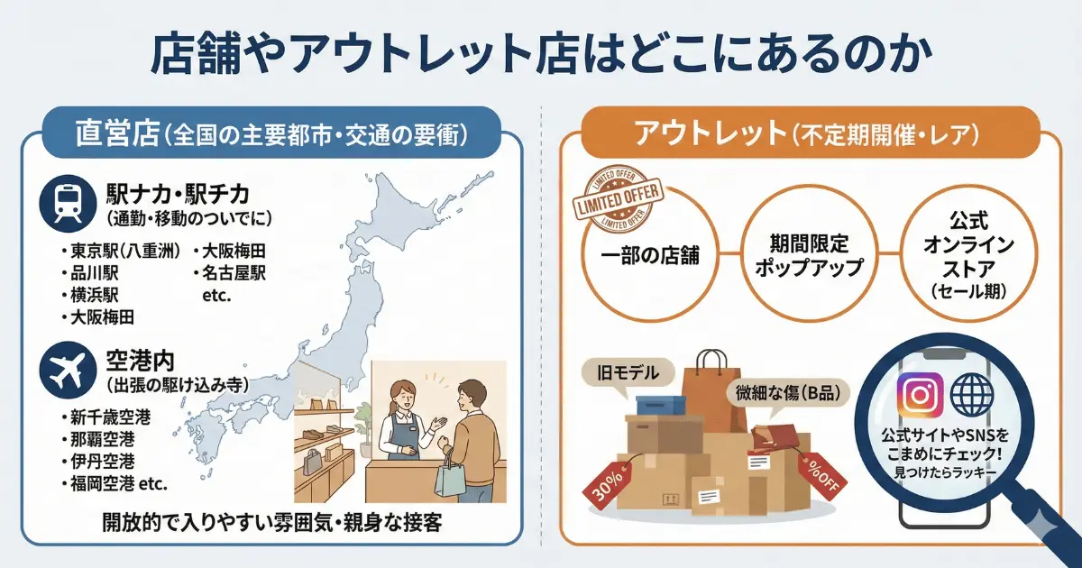 店舗やアウトレット店はどこにあるのか