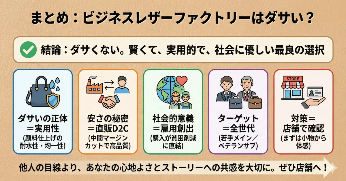 まとめ:ビジネスレザーファクトリーはダサい?