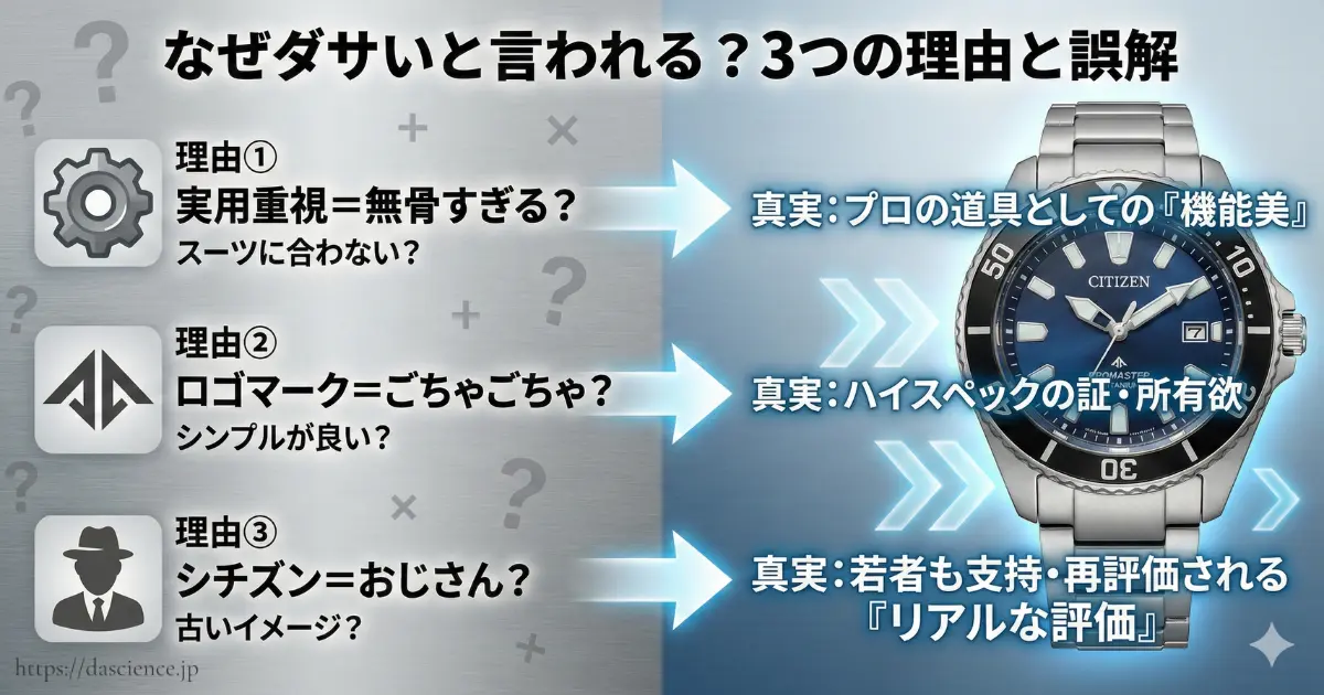 プロマスターがダサいとされる3つの理由(無骨なデザイン、ロゴ、古いイメージ)とそれに対する誤解を解く解説図。