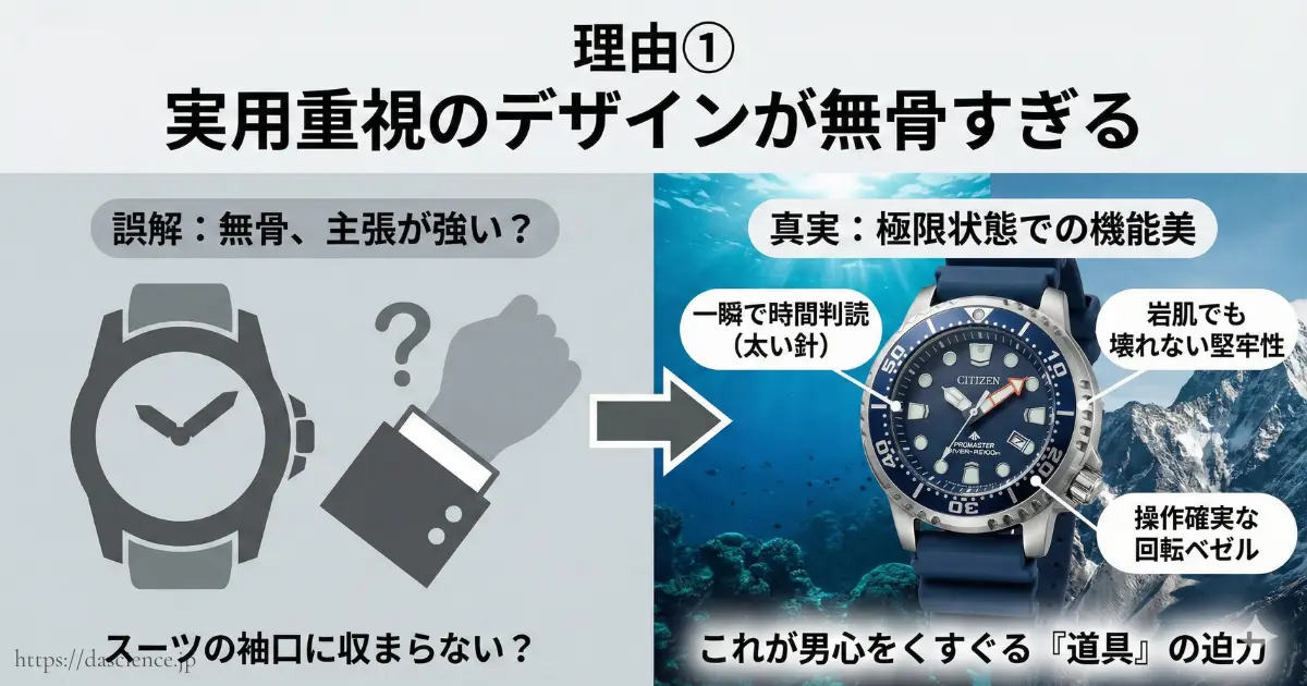実用重視のデザインが無骨でスーツに合わないという誤解と、極限状態での機能美であるという真実の対比図。