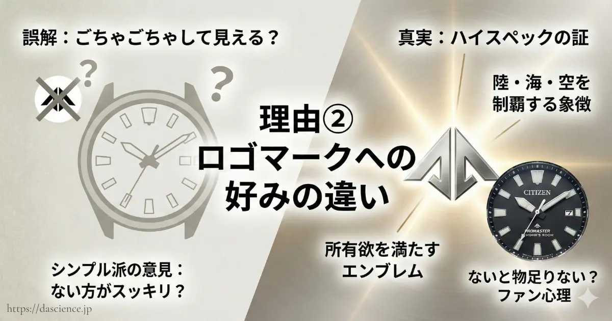 プロマスターのロゴマークがごちゃごちゃ見えるという誤解と、ハイスペックの証であるという真実の対比図。