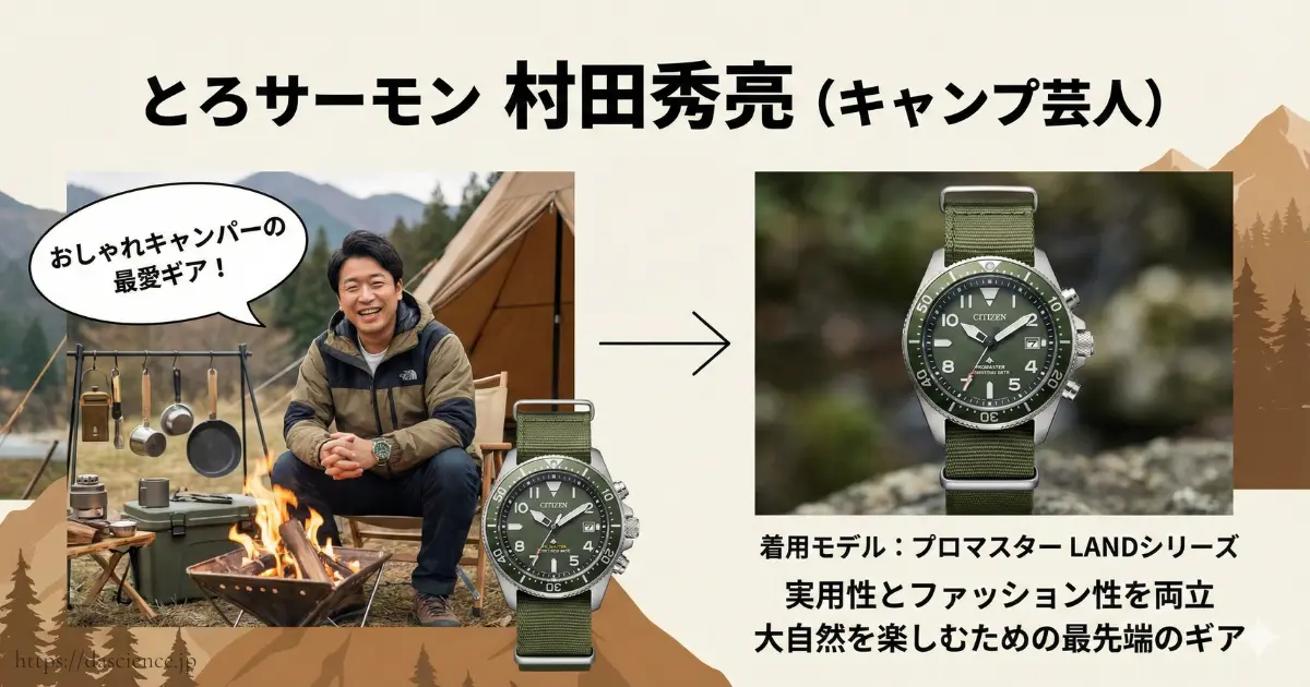 キャンプ芸人とろサーモン村田秀亮が愛用する、シチズンプロマスターLANDシリーズのキャンプシーン写真と解説図。