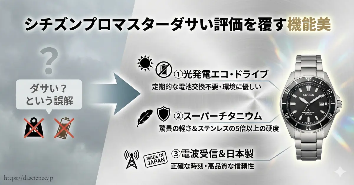 エコ・ドライブやスーパーチタニウムなど、シチズンプロマスターのダサい評価を覆す機能美についての解説図。