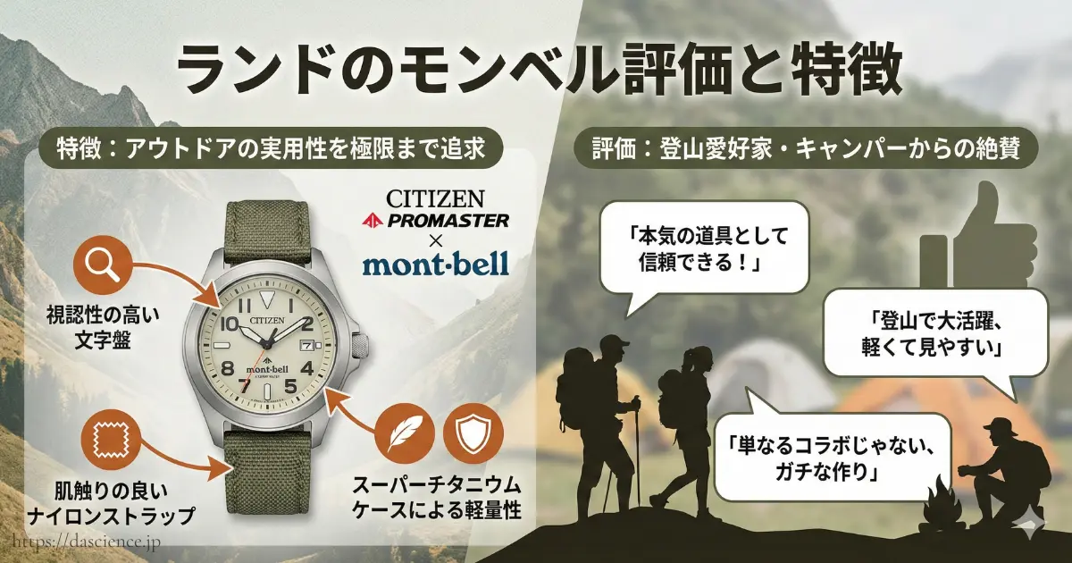 アウトドアブランド「モンベル」とコラボしたシチズンプロマスターLANDシリーズの特徴と高評価の理由を解説する図。
