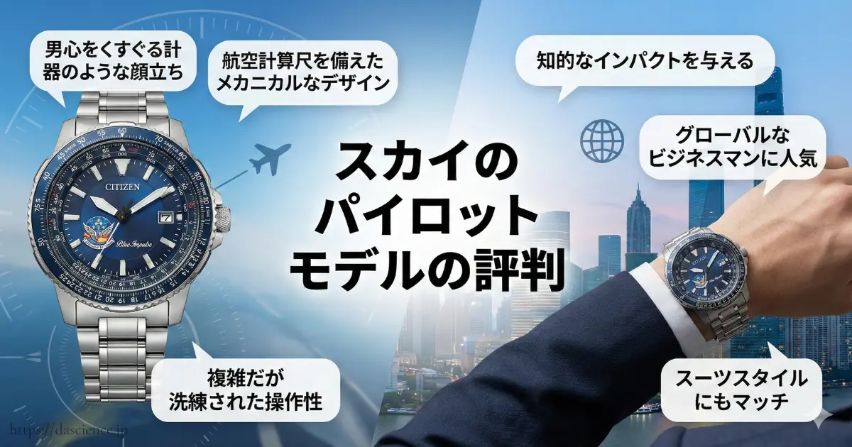 航空計算尺を備えたメカニカルなデザインが特徴の、シチズンプロマスターSKYシリーズの評判と魅力を示す解説画像。