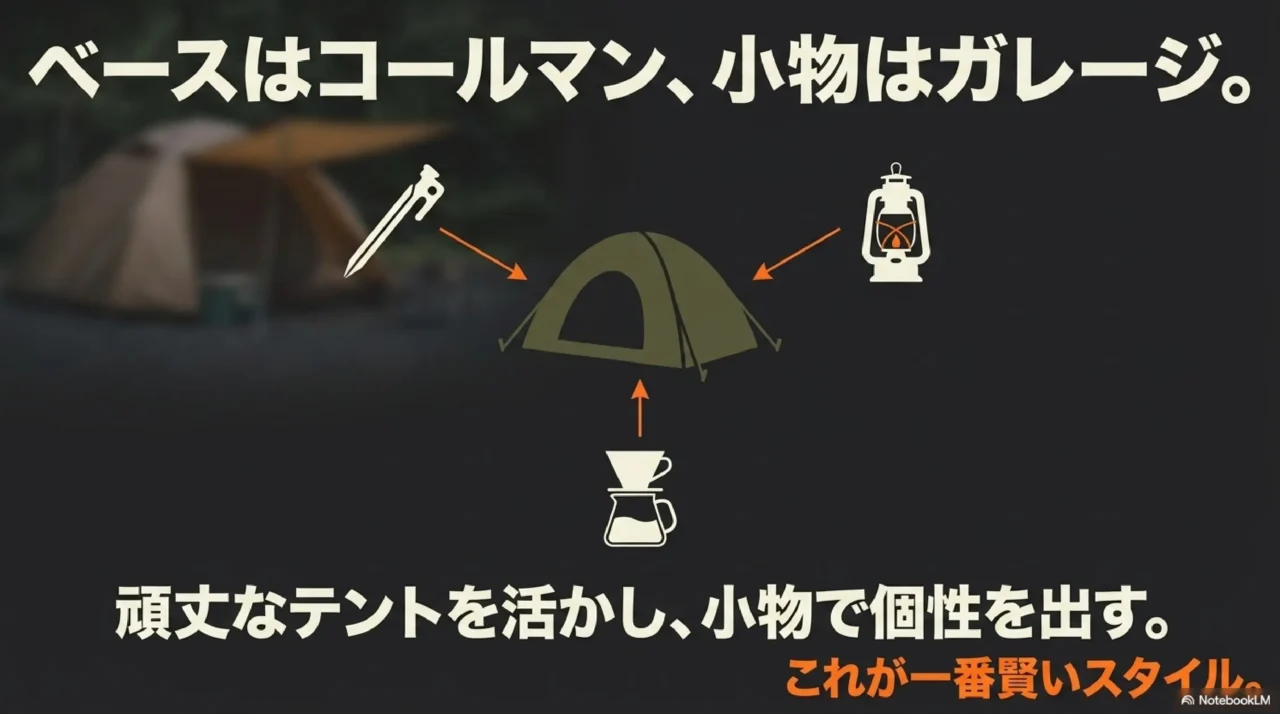 ベースに頑丈なコールマンのテントを活用し、小物にガレージブランドを使って個性を出す賢いキャンプスタイル