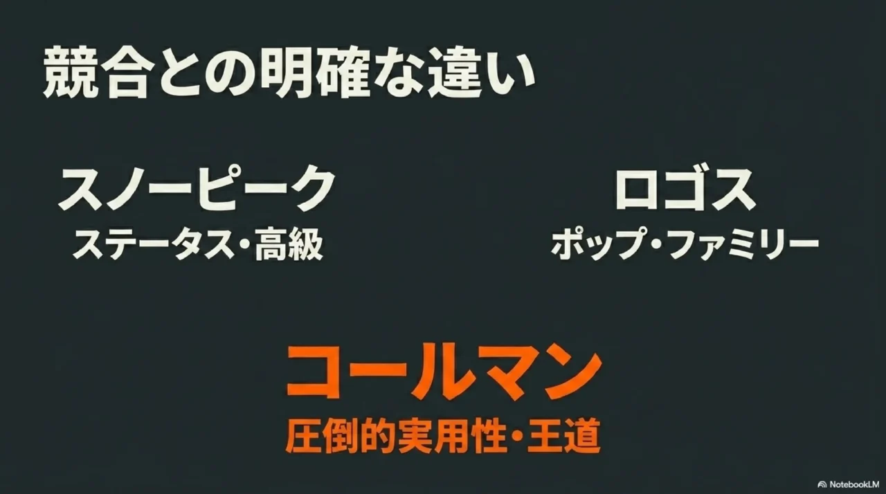 スノーピーク（ステータス・高級）、ロゴス（ポップ・ファミリー）、コールマン（圧倒的実用性・王道）の競合ブランドの違いまとめ