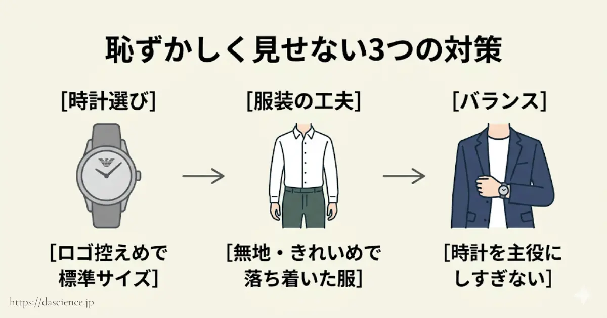 アルマーニの時計を自然に見せるための３つの対策の図。