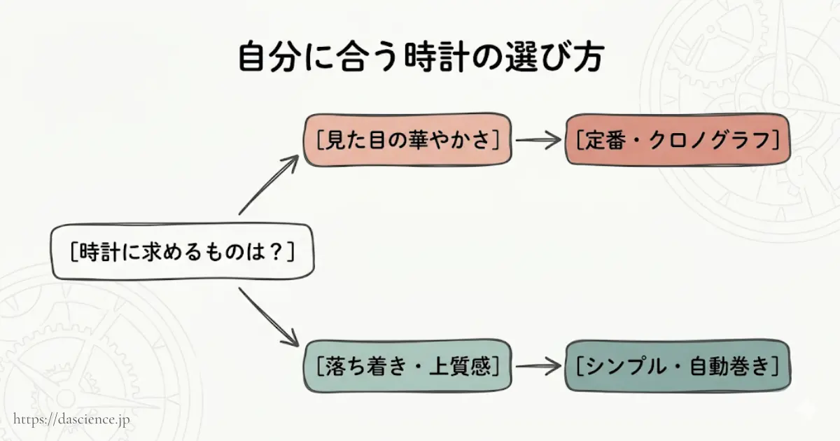自分に合うアルマーニの時計を見つける選び方フロー。