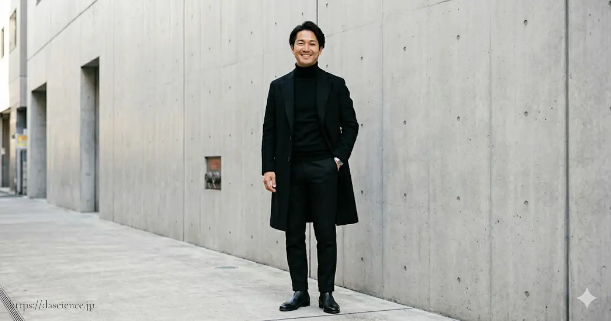 SPU スタイルアップ便の黒スラックスをベースにしたIラインシルエットの大人カジュアルコーディネート
