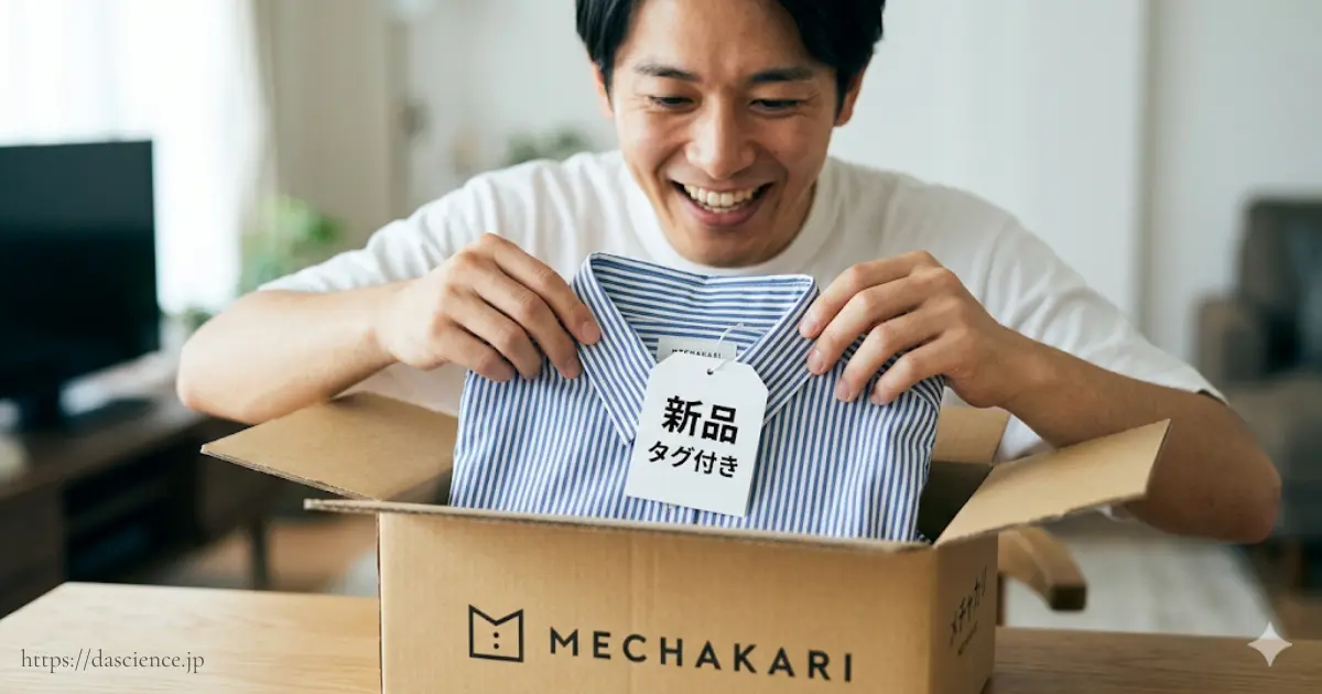 MECHAKARI（メチャカリ）から届いたタグ付きの新品アイテムを開封する様子