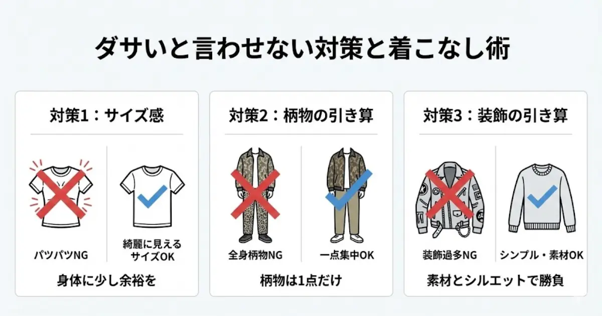 ダサく見せないためのサイズ・柄・装飾の着こなし対策図