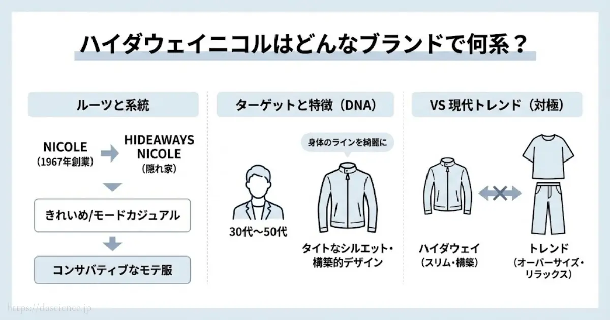 ハイダウェイニコルのブランド系統と特徴、トレンドとの比較図