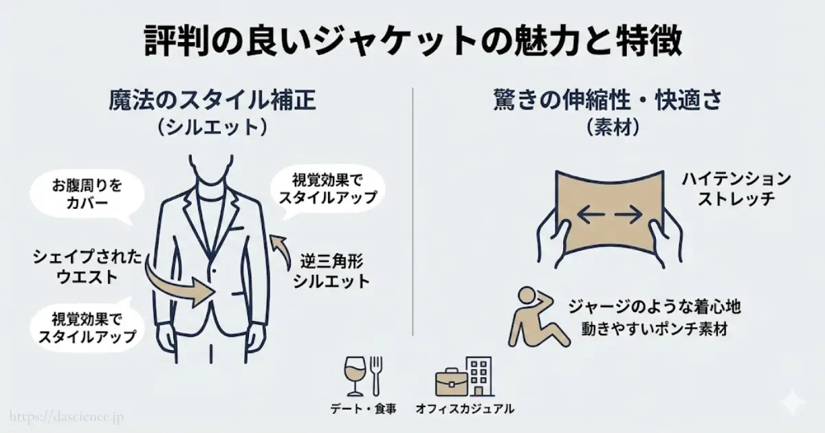 評判の良いジャケットのスタイル補正と伸縮性の魅力解説図