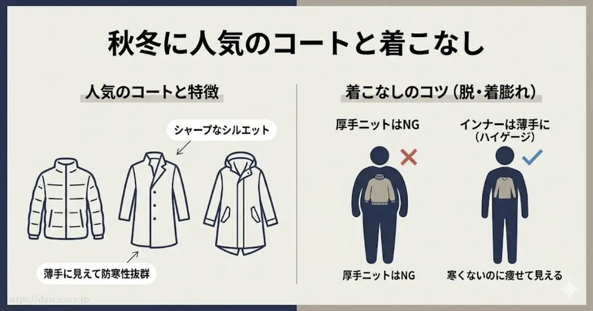 秋冬に人気のコート種類と着膨れ防止の着こなし解説図