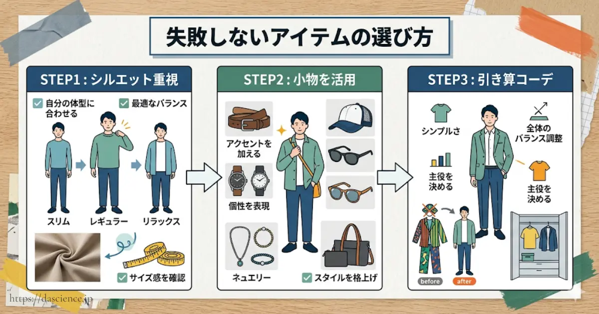 初心者でも失敗しないおすすめアイテムの選び方の図。