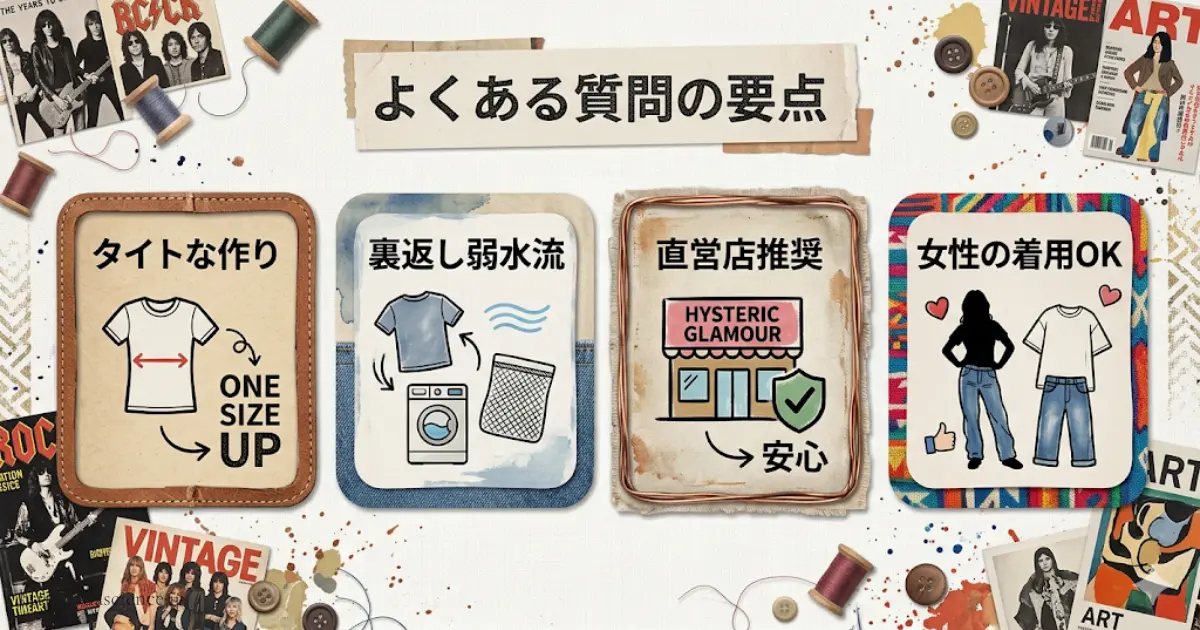 サイズや洗濯方法などのよくある質問の図解