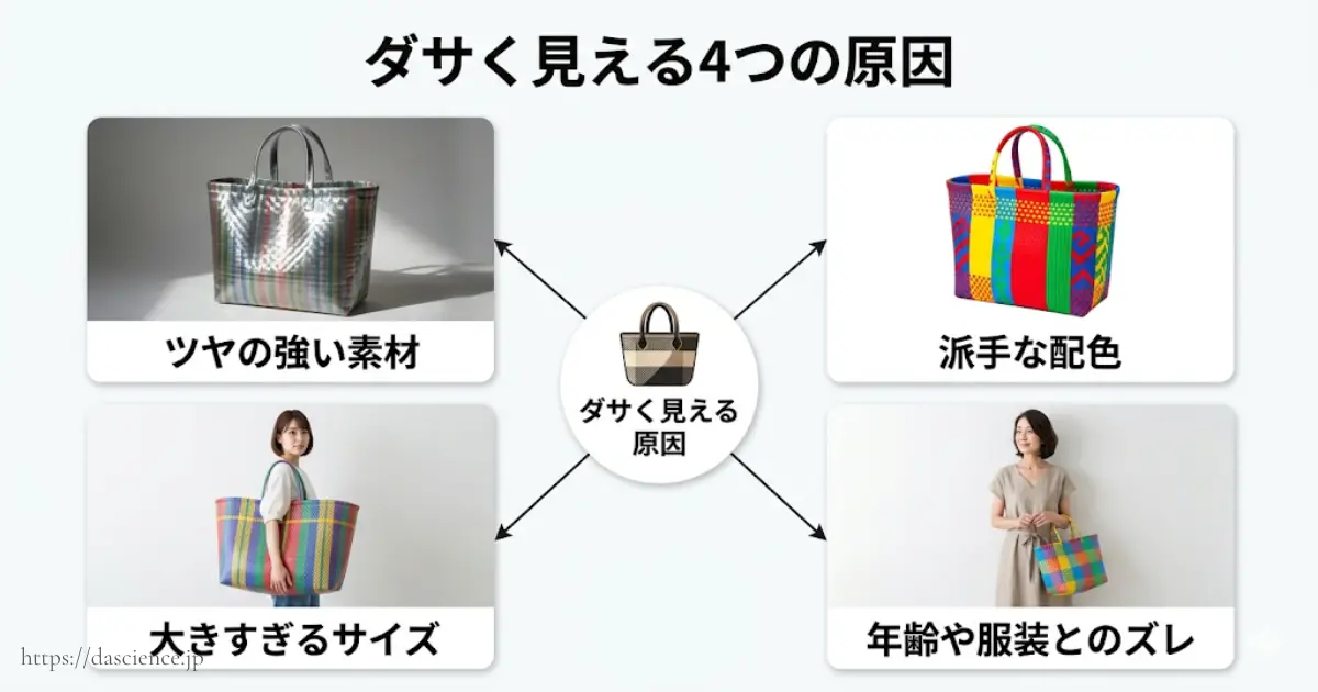 メルカドバッグがダサく見える４つの原因を図解で解説します。