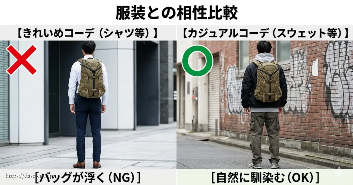 ミステリーランチと服装の相性を比較した図解です。