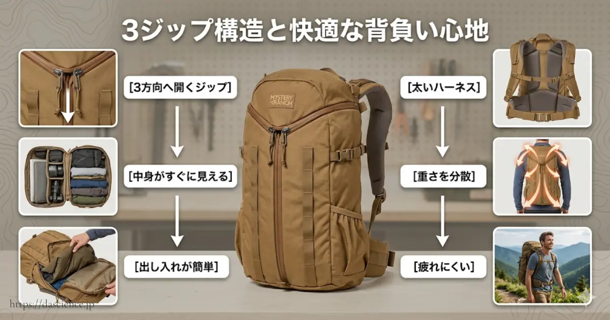 3ジップ構造と疲れにくい背負い心地を解説した図です。