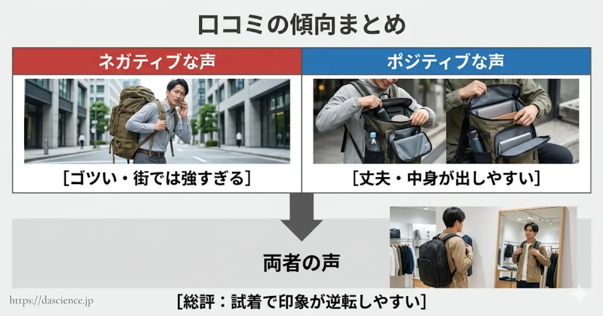 利用者の良い口コミと悪い口コミの傾向をまとめた図表。