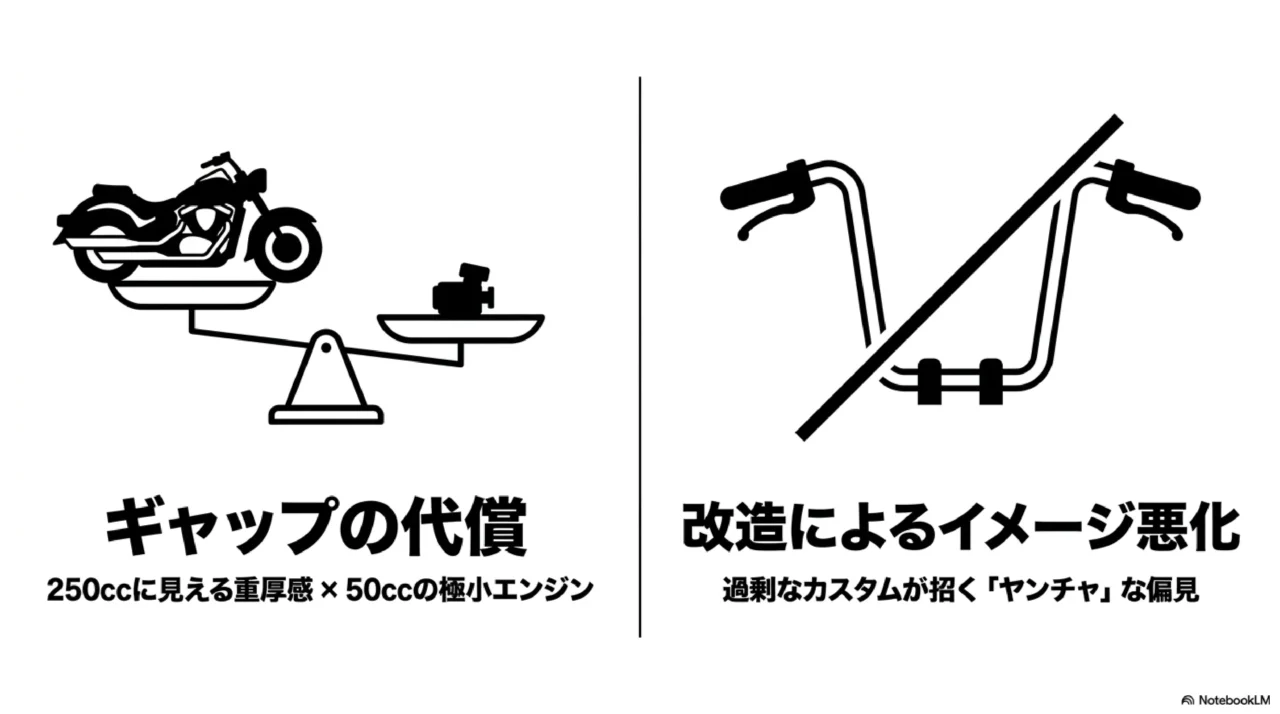 ヤンチャな偏見を招く過剰なアップハンドルをバツ印で否定するイラスト