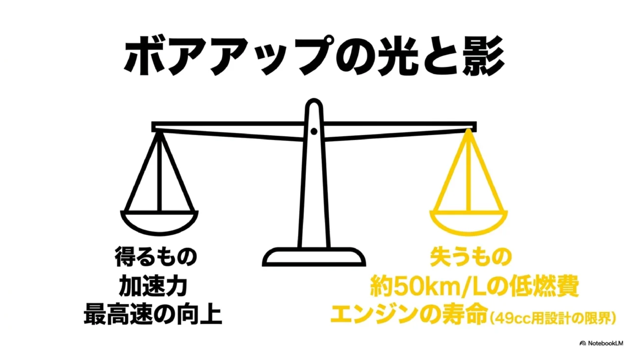 ボアアップによって得る加速力と失う燃費・エンジン寿命を比較する図解