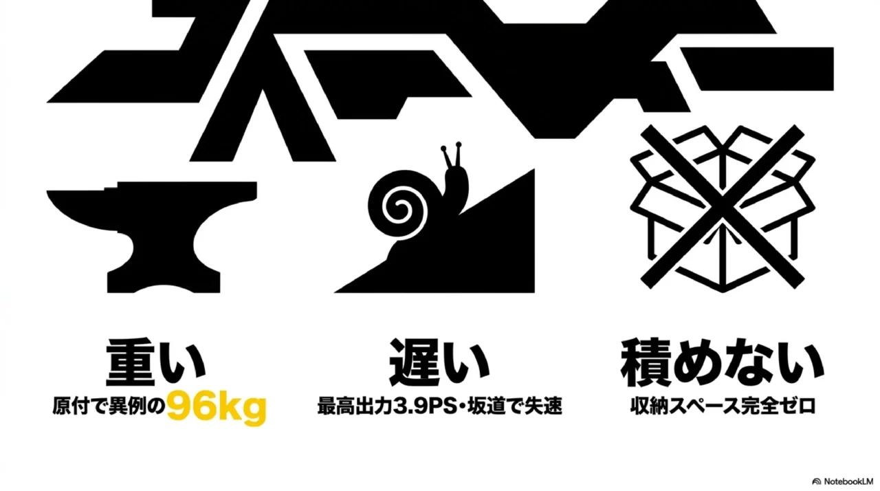 重い・遅い・積めないというマグナ50の3つのデメリットを示すバツ印のついた箱のイラスト