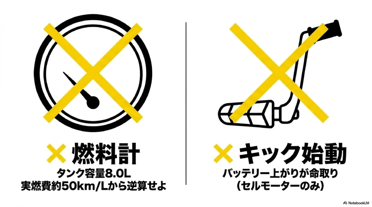 燃料計なしによる走行距離管理の必要性と、キック始動なしによるバッテリー上がりのリスクを伝えるイラスト