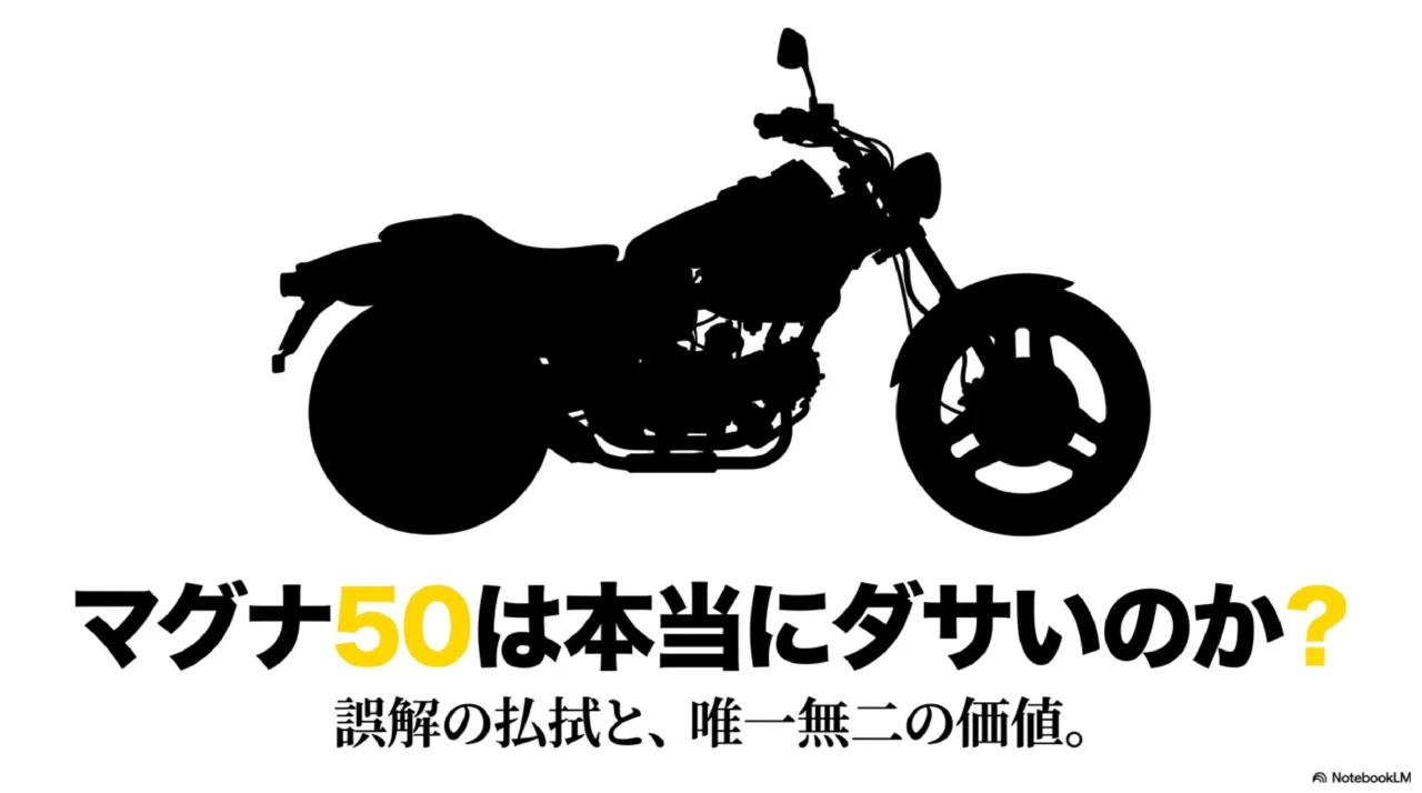 マグナ50のシルエットと「本当にダサいのか？誤解の払拭と、唯一無二の価値。」というキャッチコピー