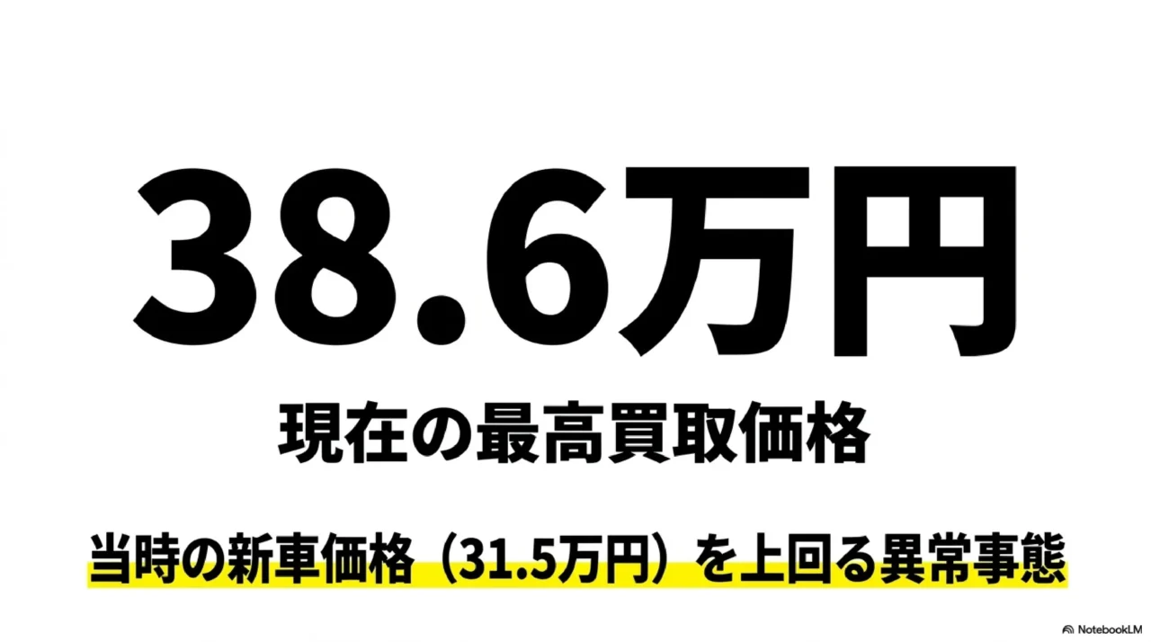 当時の新車価格を上回る現在の最高買取価格38.6万円を示すテキスト