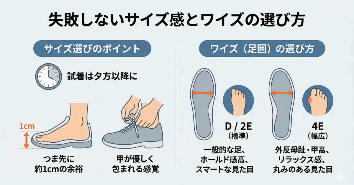 失敗しないサイズ感とワイズの選び方を説明した画像