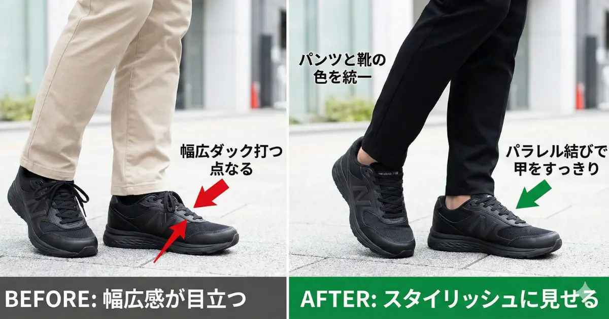 幅広4Eでもスタイリッシュに見せる方法を説明した画像