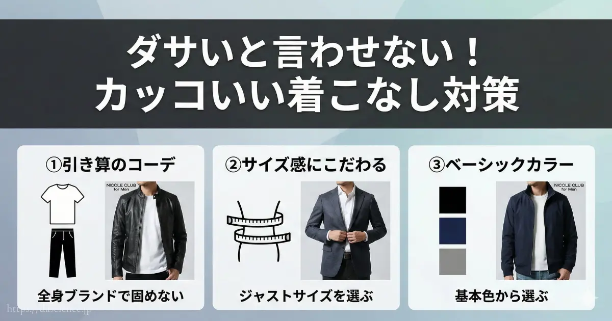 ニコルクラブフォーメンをカッコよく着こなす3つの対策ポイント図