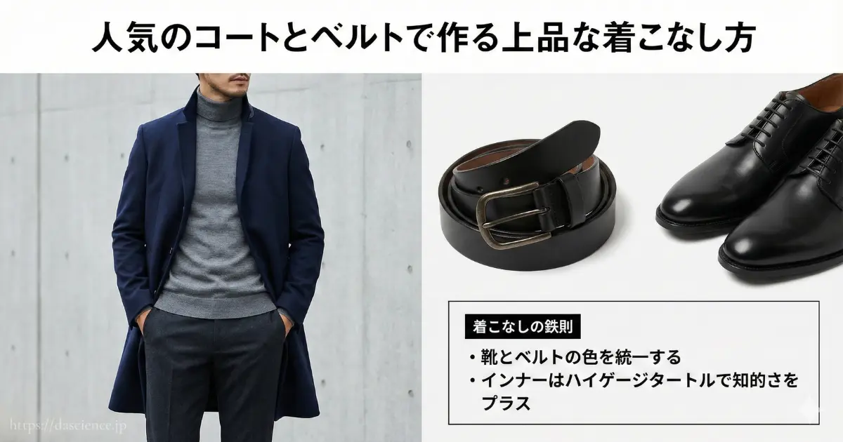 ニコルクラブフォーメンのコートとベルトを使った上品なコーデ解説画像
