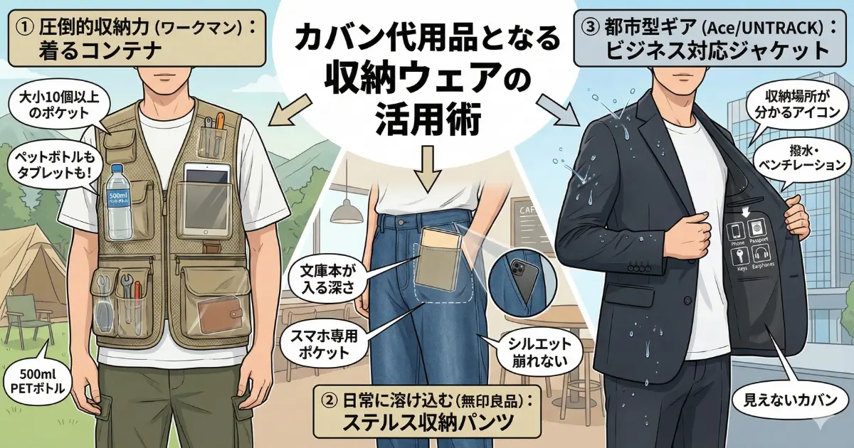 カバン代用品となる収納ウェアの活用術