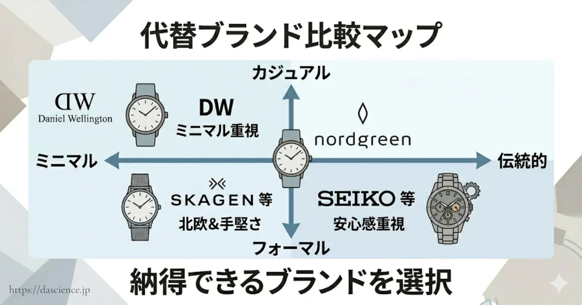 代替時計ブランドとノードグリーンの特徴比較マトリクス