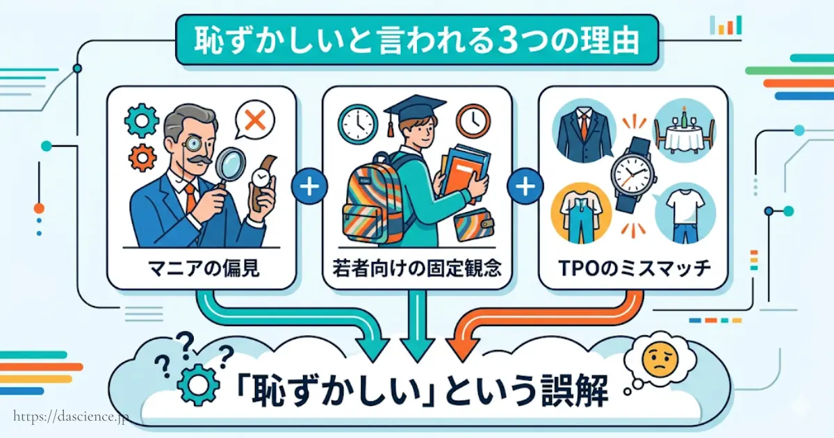 時計が恥ずかしいと言われる3つの理由の図解。