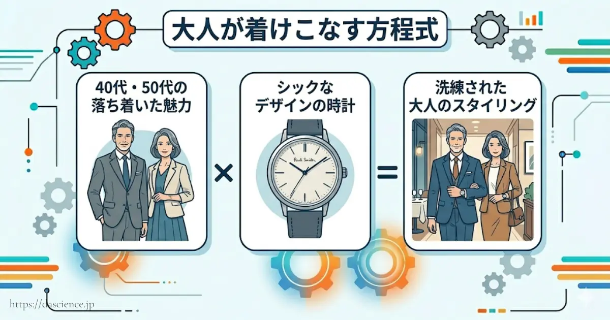 40代や50代向けの上品な時計の選び方の解説図。