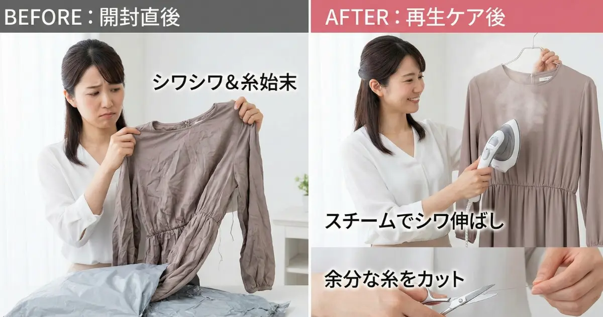 ゴミ袋梱包から服を再生させるケア方法をイメージした画像