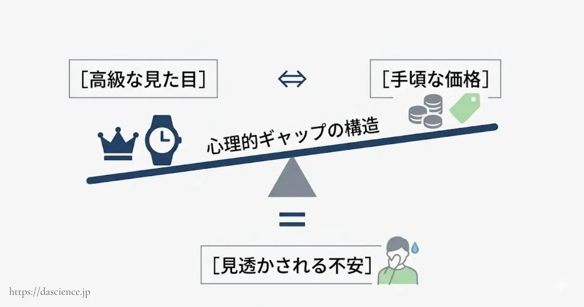 見た目の高級感と実価格のギャップを示す図解