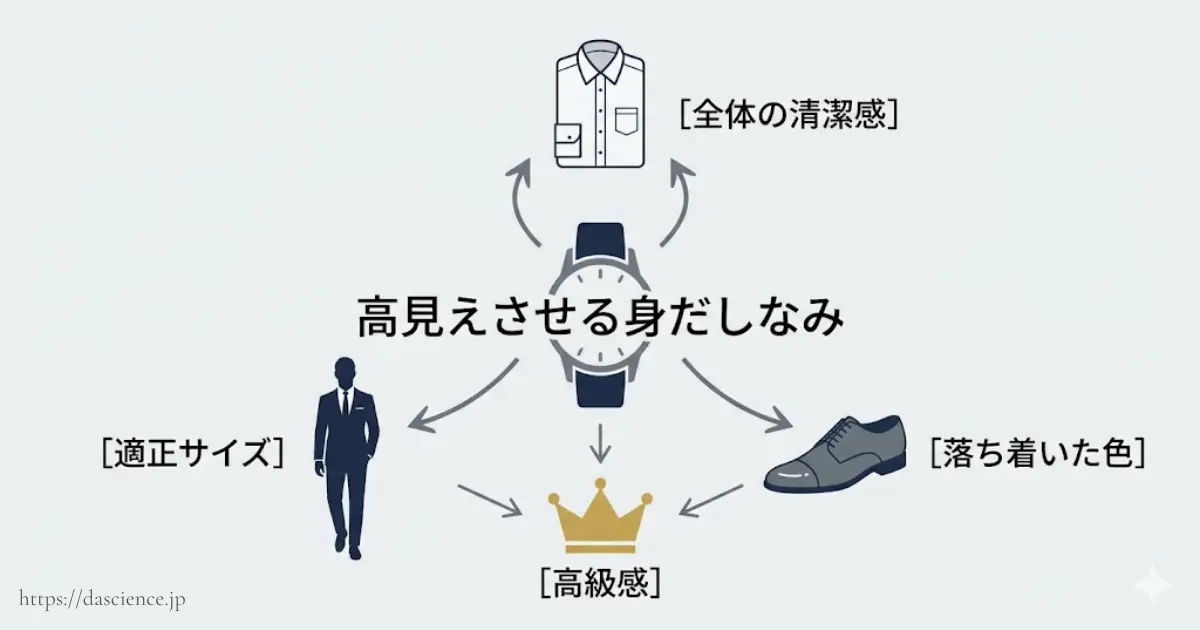 時計の高級感を高めるための身だしなみの図解