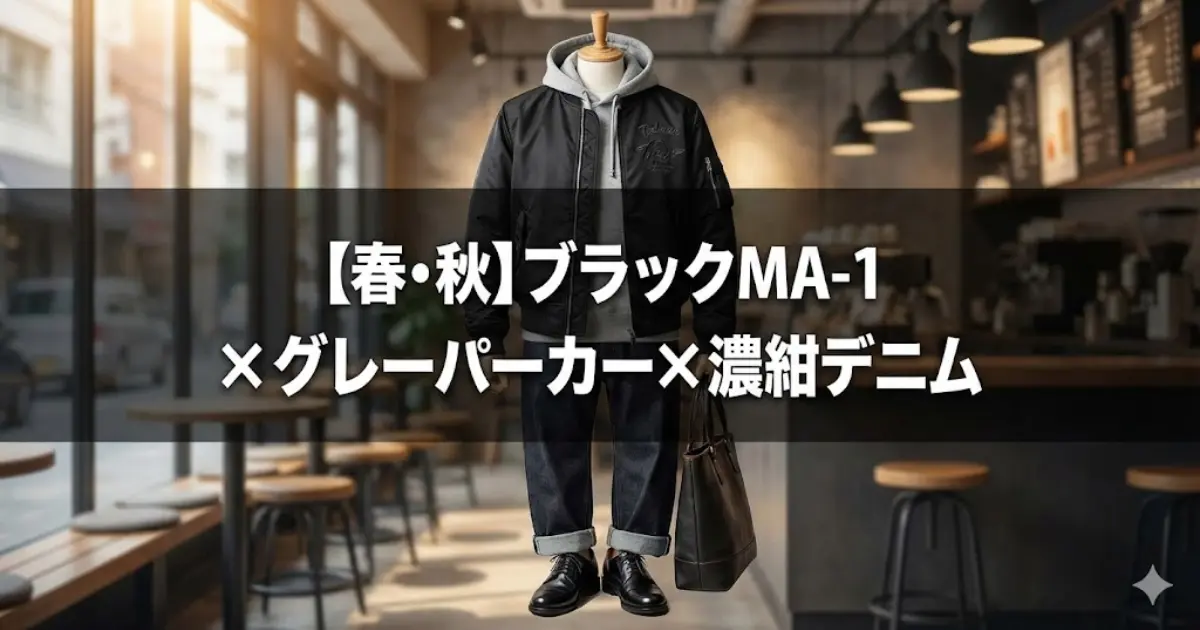 【春・秋】ブラックMA-1 × グレーパーカー × 濃紺デニム